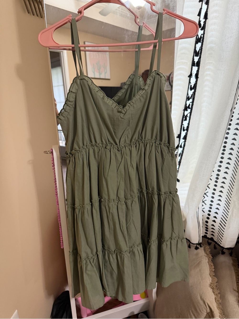 Olive Green Tiered Spaghetti-Strap Mini Dress